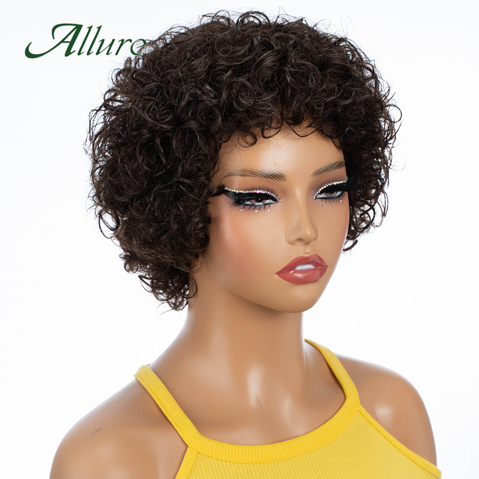 สั้นPixie Afro Kinky Curlyวิกผมสําหรับผู้หญิงสีดําGluelessสีน้ําตาลธรรมชาติBobวิกผมกับBangs Jerry CurlyวิกผมAllure