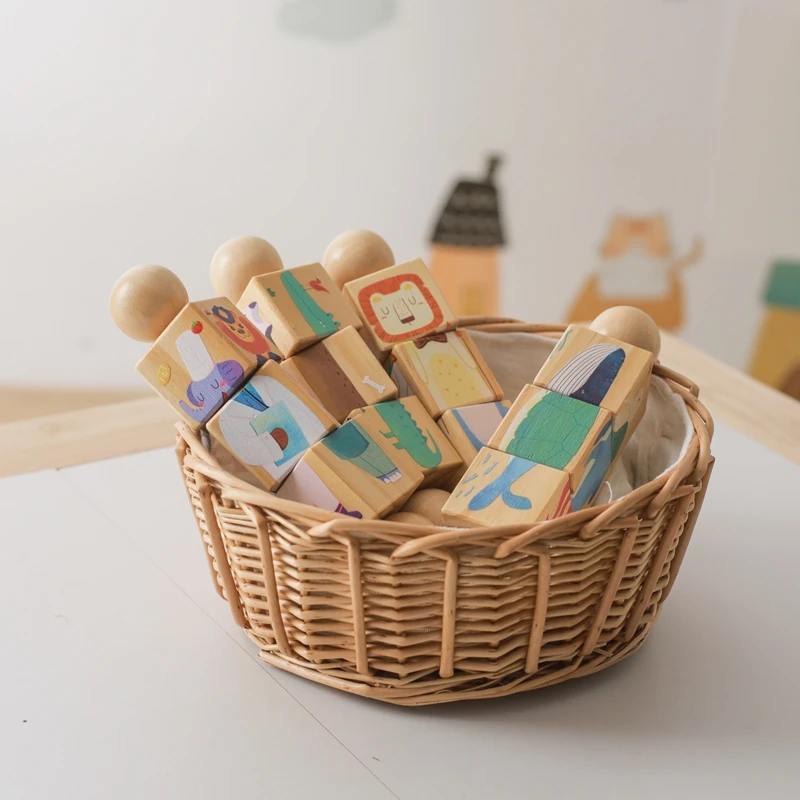 1pc Baby Wooden Rotating Rattle Animal Matching Building Blocks Newborn Soothing Toy Rotating Puzzle Montessori Toys for Babys