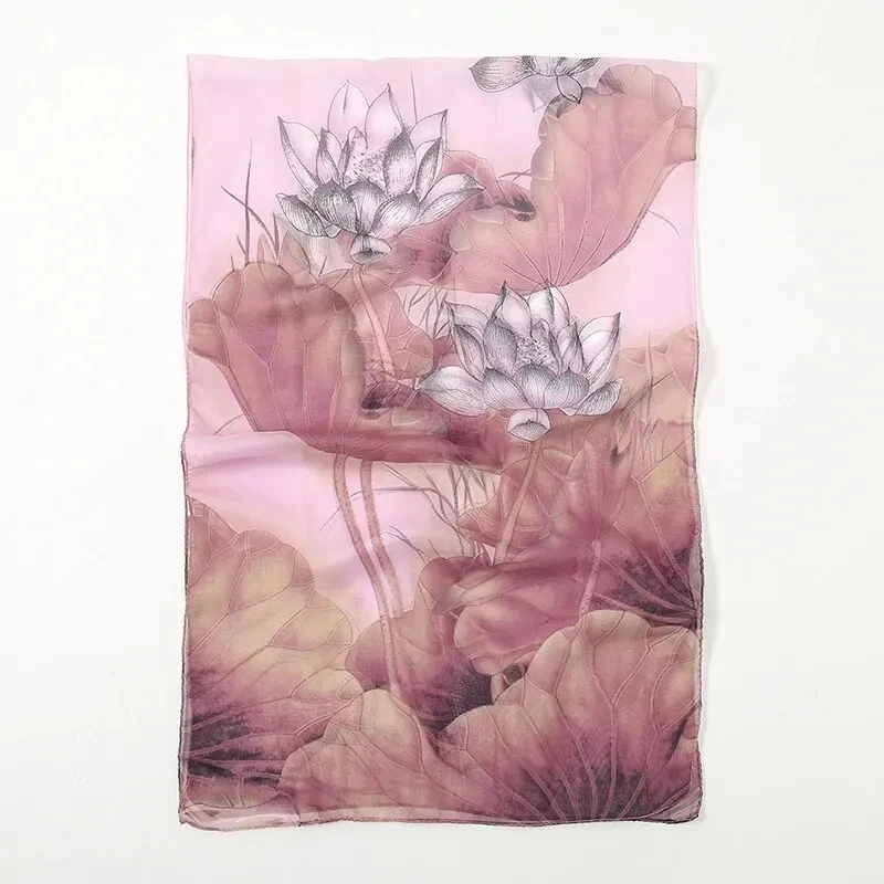 Lenço de chiffon com estampa de lótus, lenço de pescoço leve e elegante para mulheres, verão, proteção solar, lenço de seda, xale 150*50cm