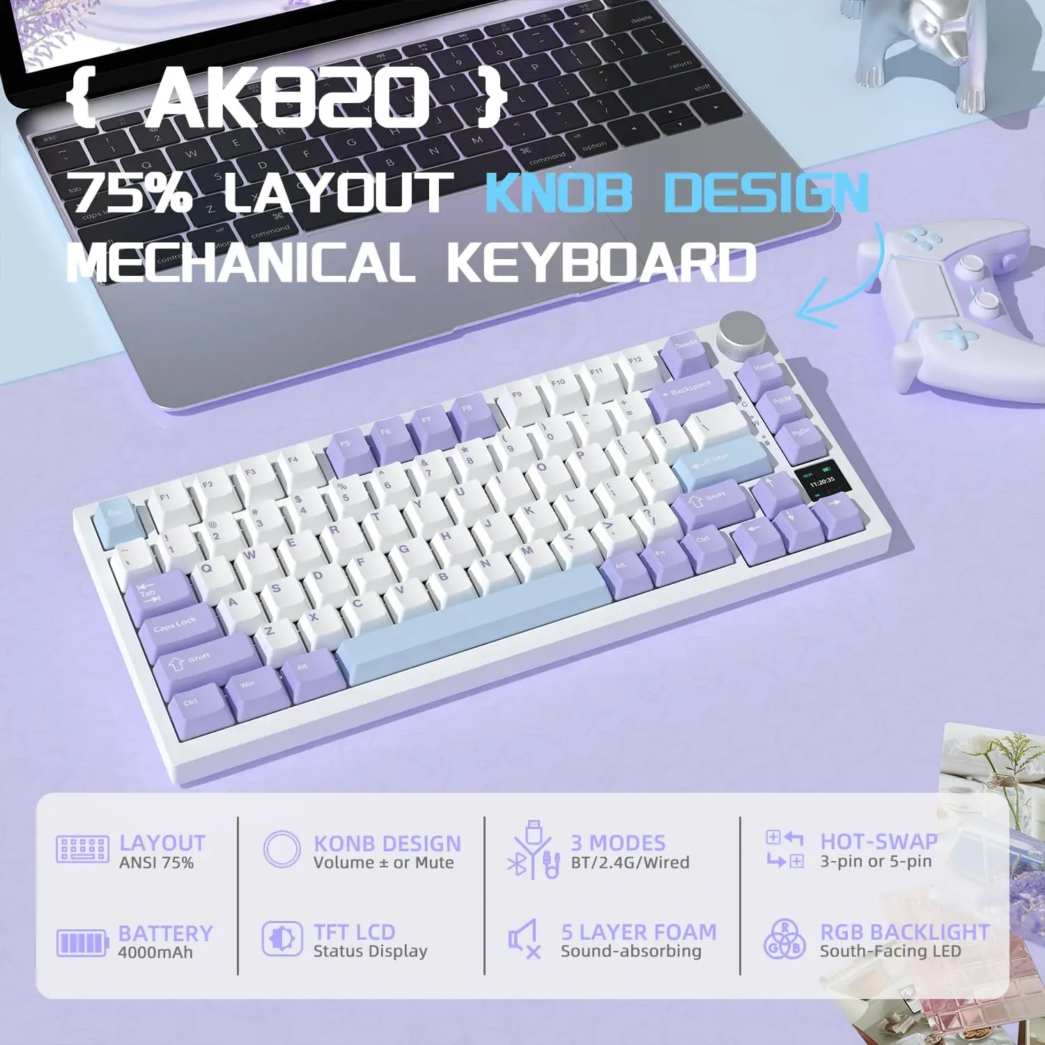 AJAZZ AK820 Tastiera da gioco meccanica cablata con layout al 75% con manopola del volume, LED frontale sud, copritasti PBT, RGB programmabile