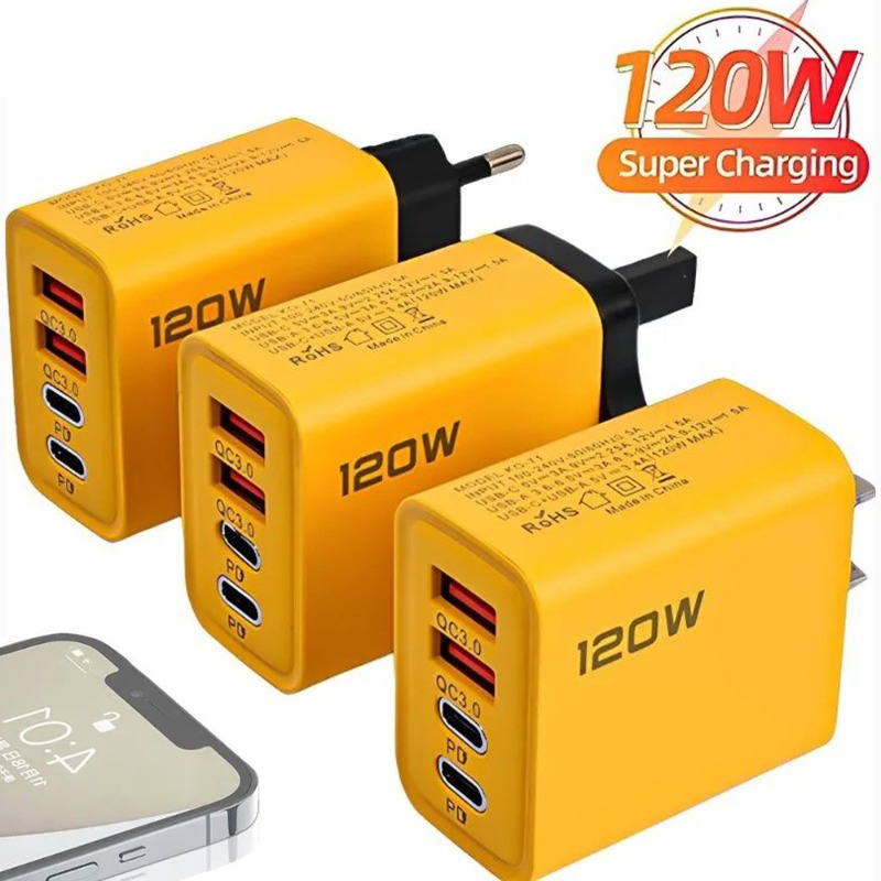 Cargador de teléfono móvil de 4 puertos de carga rápida de 120W QC3.0 cargadores USB tipo C adaptador de pared USB PD Dual enchufe UE/EE. UU. para iPhone Samsung