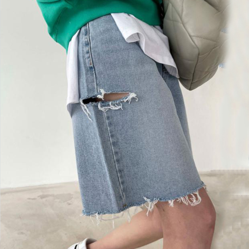 orts Jeans Fs de Cintura Alta, Estilo Vintage, gem Azul, com Fenda Lateral