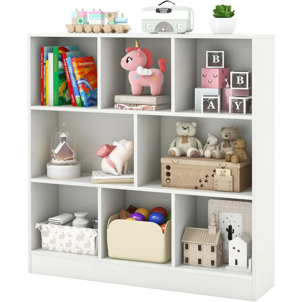 Kids Toy Storage Organizer, 8-Section Wooden Floor Storage Cabinet, 41” Daycare Toy Chest, 3-Tier Kids Display Bookshelf