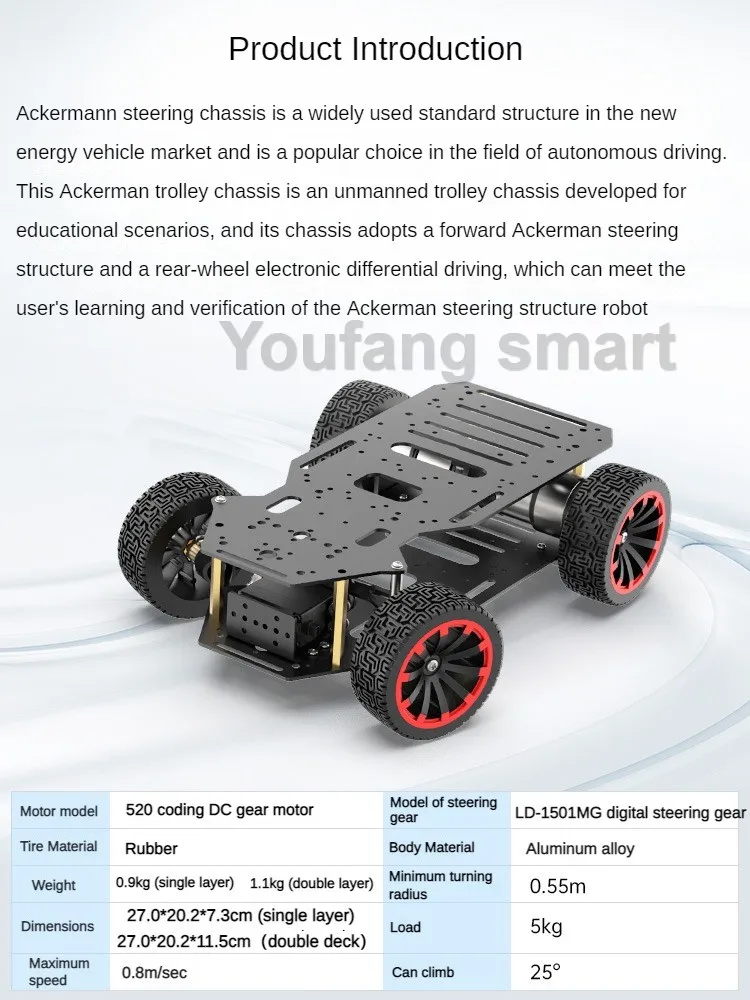 Montado Ackerman Robot Car Metal Chassis Motor Dual Encoder Engrenagem de direção da roda dianteira Kit Robot Base Programável ROS Carga de 5kg
