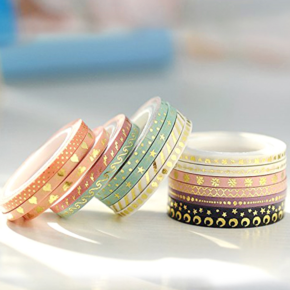 16 ロール金箔スキニースクラップブッキング和紙テープセット、文具スリム装飾粘着テープ、ジャーナル用品マスキングテープ