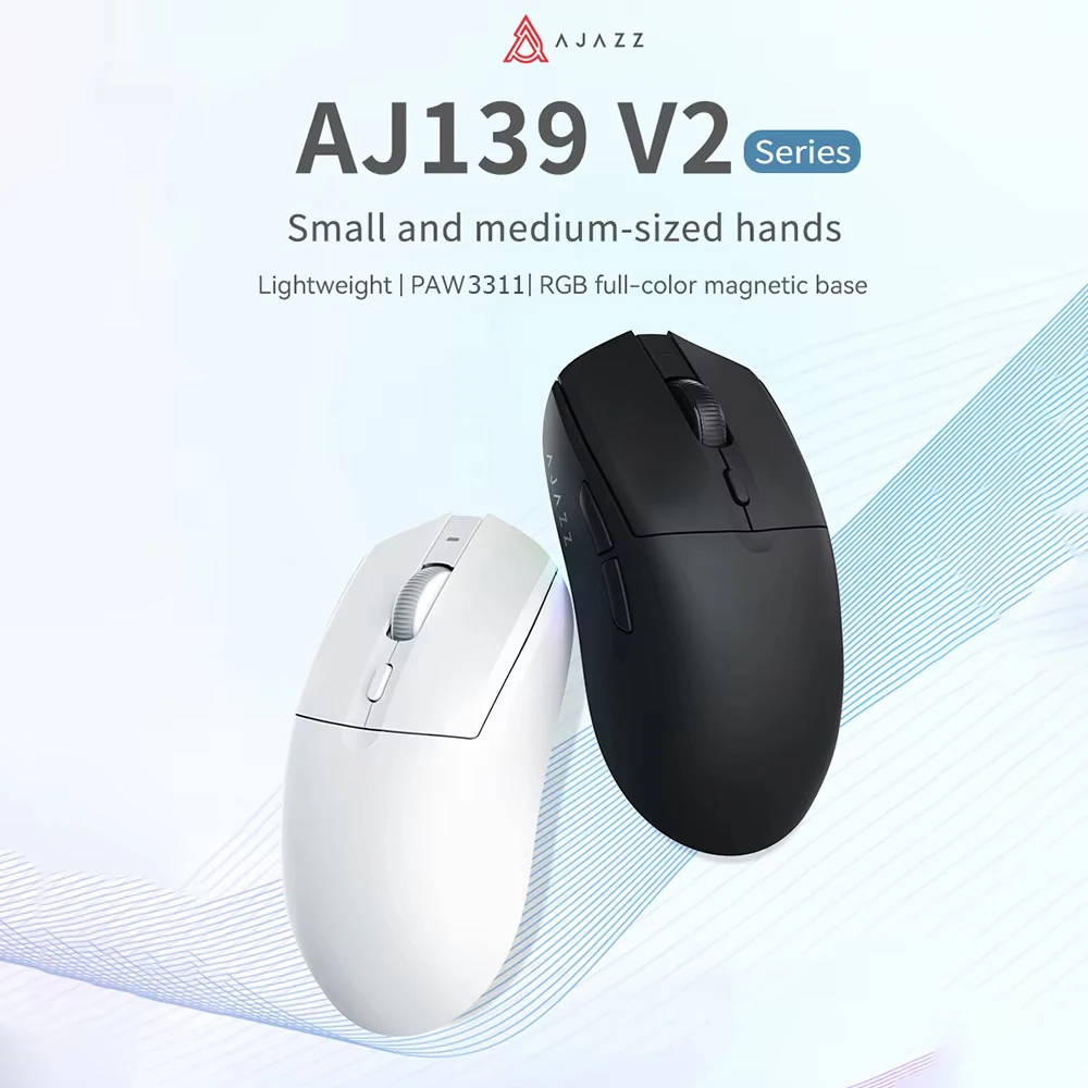 AJAZZ AJ139 V2 MC/Pro Kabellose/kabelgebundene Gaming-Maus PAW3395/3311 Sensor 1K Rücklaufrate mit Lade-RGB-Vollfarb-Magnetfuß