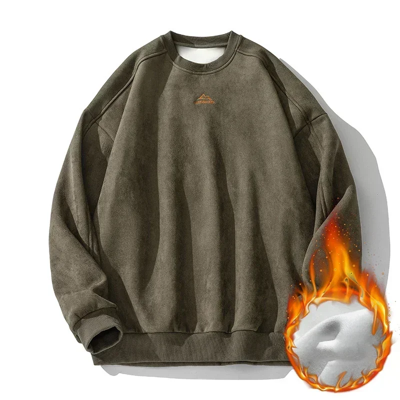 TFETTERS Sudadera de cuero de gamuza para hombres polar 2025 Otoño Invierno cálido cuello redondo parejas jersey al aire libre moda ropa masculina