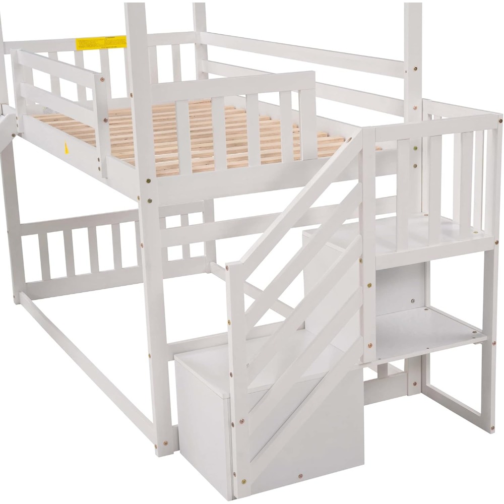 Twin Over Twin Bunk Bed with Slide, Solid Wood House Bunk Bed Frame with Storage Staircase and Safety Guardrail for Kids Teens A