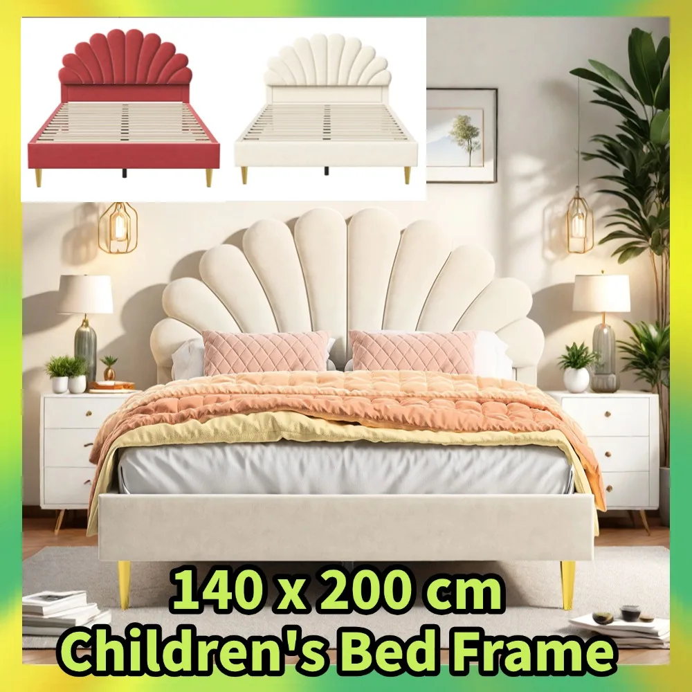 Comanlai-Cama de Casal Infantil com Moldura Ranhada, Cama com Cabeceira em Forma de Flor, Cama Estofada, 140x200 cm