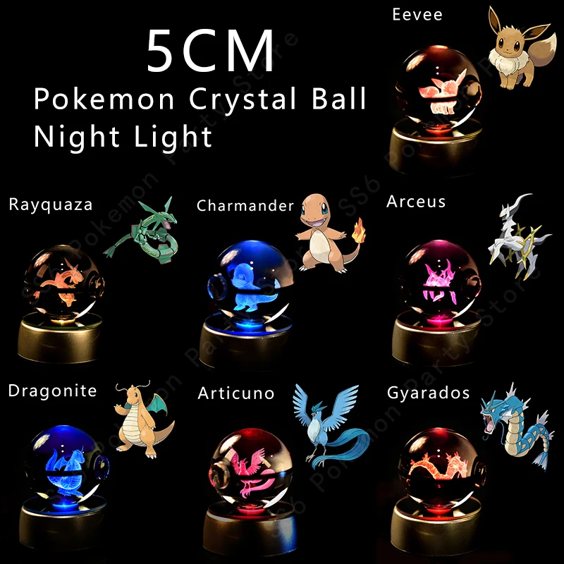포켓몬 크리스탈 볼 3D 피카추 Gengar Mewtwo 야간 조명 램프 Pokeball 3D 유리 포켓몬 크리스탈 볼 동상 어린이 생일 선물