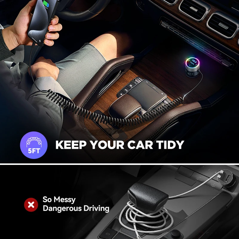 JOYROOM 60W Bluetooth 5.4 FM Transmitter PD QC 3.0 Super Fast Car Charger Dual Mics HiFi Deep Sound USB C Car Charging Adapter