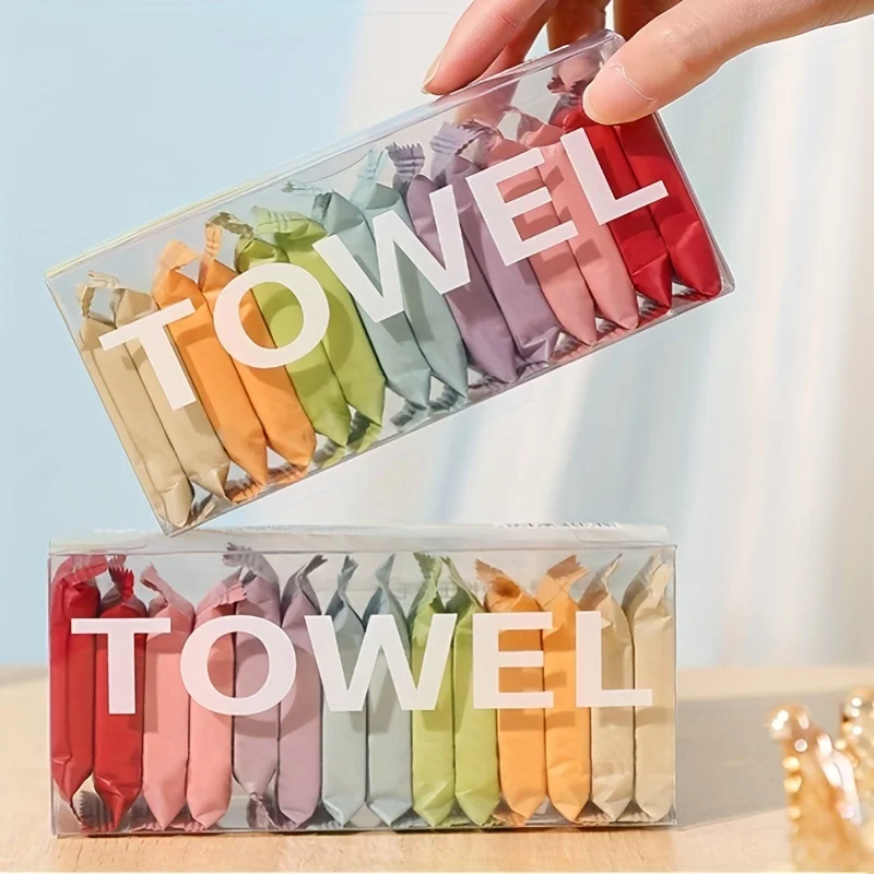 ผ้าเช็ดตัวพกพาแบบใช้แล้วทิ้ง14ชิ้น/กล่องผ้าขนหนูอัดหนาสำหรับผ้าขนหนูเล็กความงามของทำความสะอาดผิวหน้า