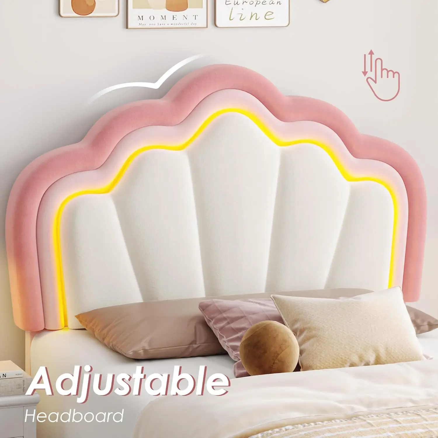 Twin Upholstered LED Bed Frame with Storage Drawer, Cute Girls Bed with Adjustable Lotus Headboard, Velvet Princess Plat