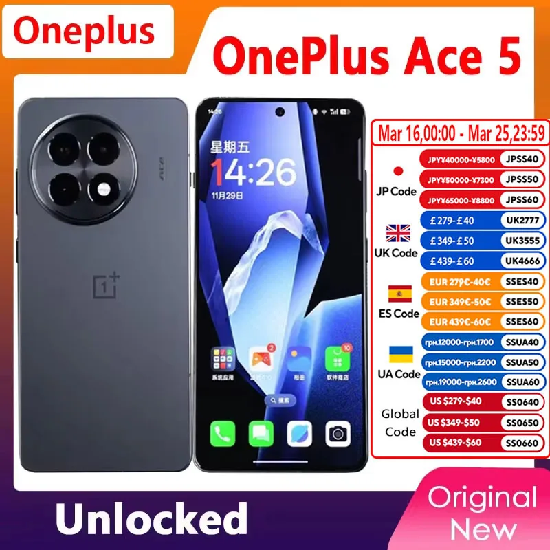 Unlocked OnePlus Ace5 Mobile Phone 6.78" AMOLED 120HZ 80W Charge 50.0MP Camera Snapdragon 8 Gen 3 Android 15.0 OTA