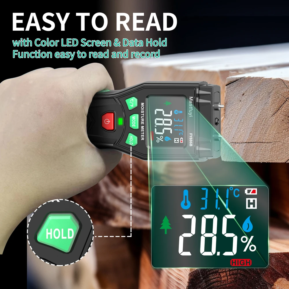 MASTFUYI Handheld Portable Digital Moisture Meter Wood Humidity, Building Materials, Ambient Temperature Detection Color Screen