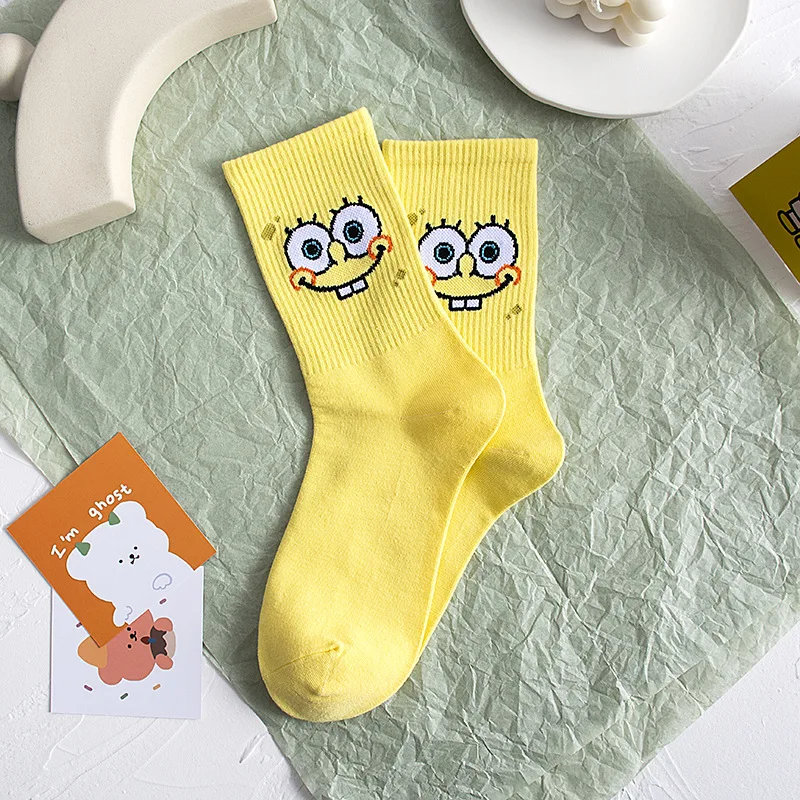 Calcetines de mujer de Bob Esponja de dibujos animados, calcetines de alta calidad a la moda para hombre y mujer, medias informales estampadas con personalidad de Hip-Hop para parejas adultas