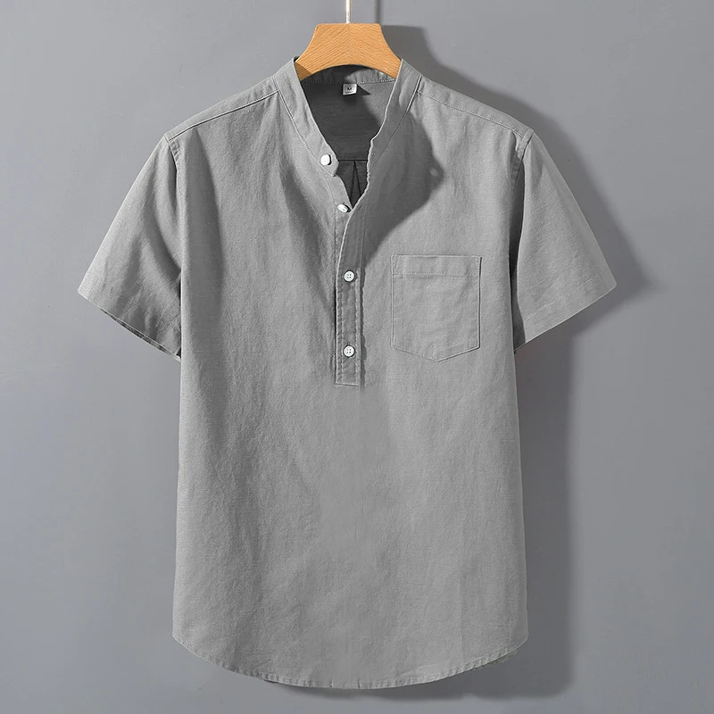 ฤดูร้อนStand Up Collarเสื้อTสีทึบแขนสั้นผ้าฝ้ายเสื้ออินเทรนด์BreathableหลวมเยาวชนBasic Pocket Top