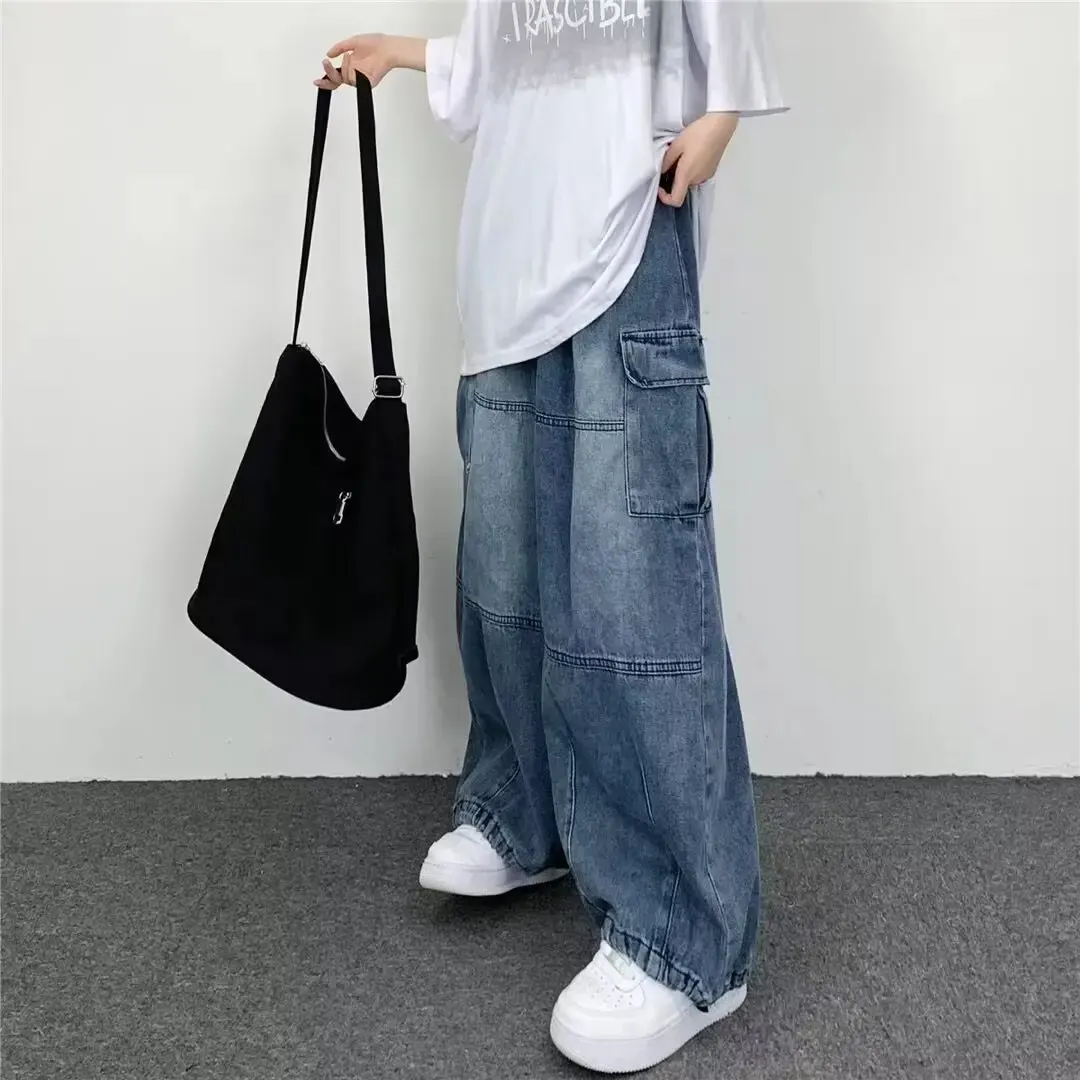 Macacão de bolso grande vintage de perna larga masculino, Y2K, neutro, solto, reto, casual, rua alta, hip hop, primavera e outono