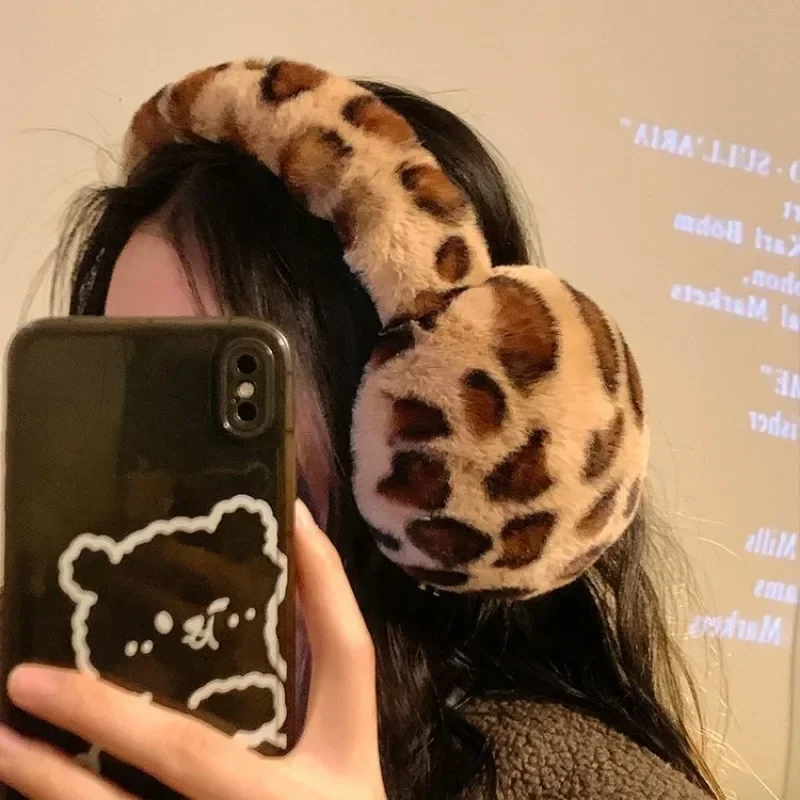 Orejeras de piel de leopardo para mujer, orejeras de invierno gruesas y cálidas Y2k japonesas JK, protección para las orejas, accesorios para ciclismo Y2k