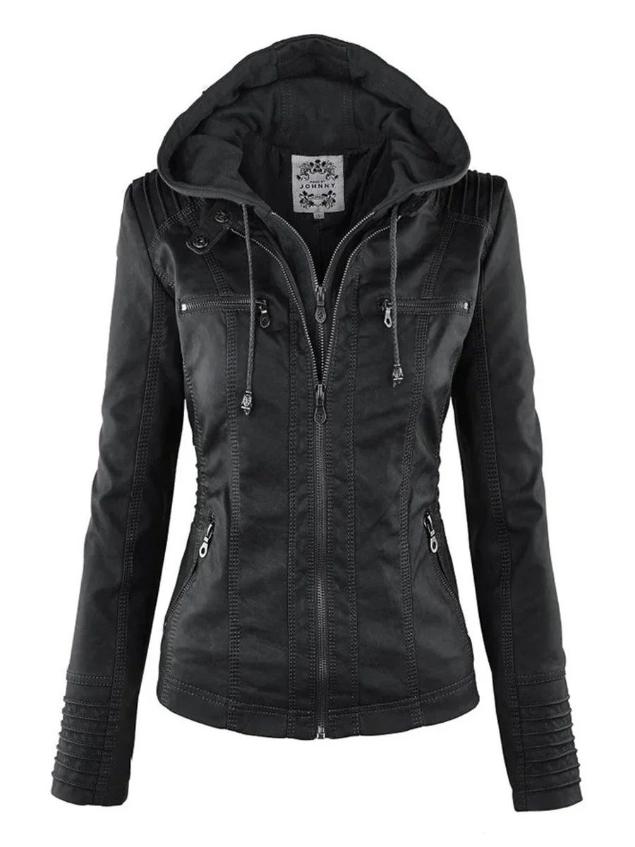 Chaqueta gótica de piel sintética para mujer, sudaderas con capucha para invierno y otoño, chaqueta de motocicleta, prendas de vestir exteriores negras, chaqueta básica de PU de piel sintética 2023