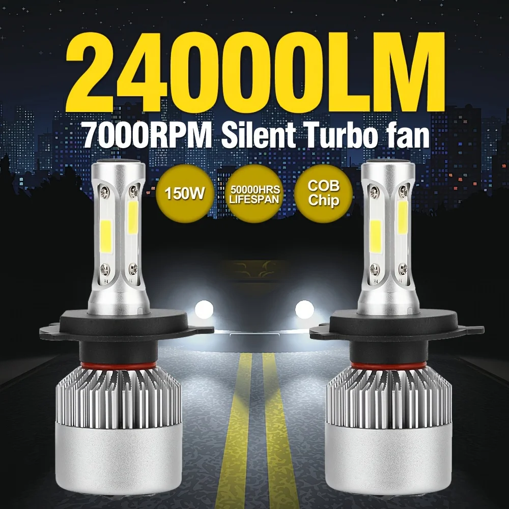Faros delanteros Led para coche H7 H4, ultrabrillantes, 150W, alta potencia, 24000Lm, 6000K, Chips Cob blancos con ventilador de refrigeración, vida útil más larga, 2 uds.
