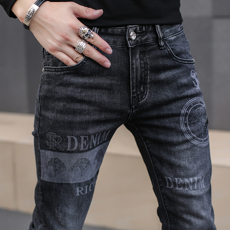 Pantalones vaqueros negros para hombre, moda de calle, pantalones vaqueros ajustados con estampado, pantalones de otoño elásticos informales para motorista, ropa de hombre de alta calidad