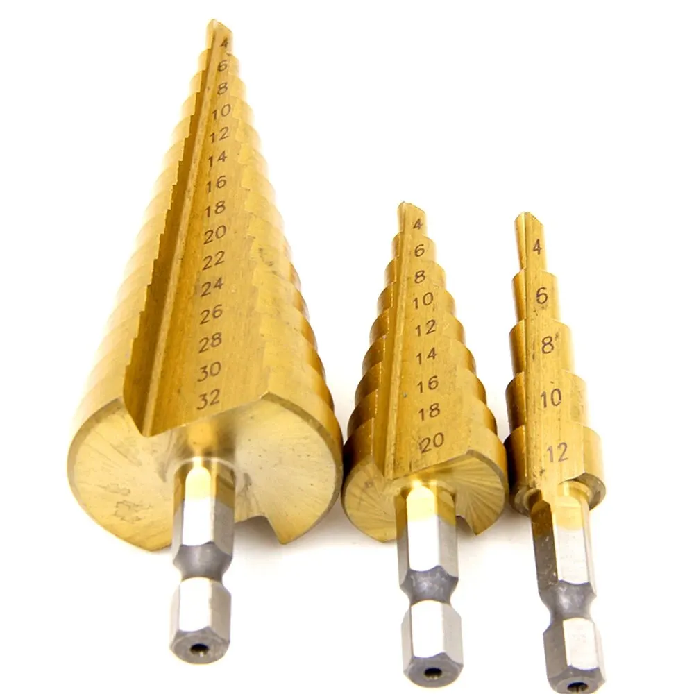 3pc pagode broca 4-12/4-20/4-32mm hexagonal sulco reto titânio chapeado escada broca ferramenta elétrica conjunto de acessórios
