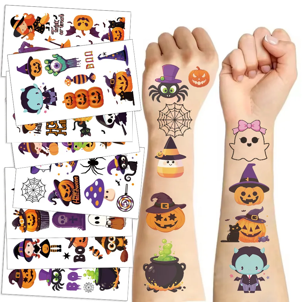 10 Lenzuola Zucche di Halloween Adesivo Del Tatuaggio Temporaneo Tatuaggio Finto Braccio Mani Corpo Waterdichte Tatouages Pour Bambini Giocattolo Regalo