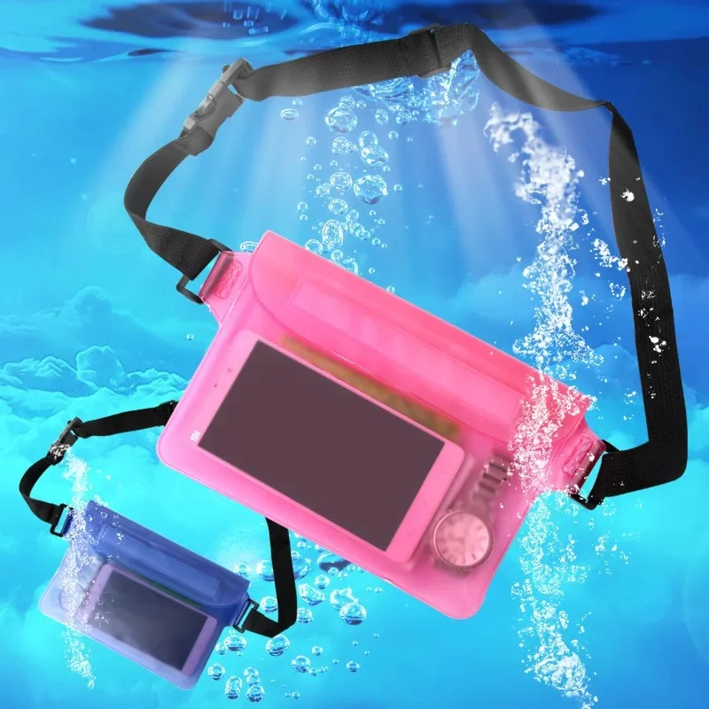 Bolsa impermeável selada de três camadas com tela sensível ao toque, cintura ajustável para proteção subaquática, praia, natação, remo, IPho