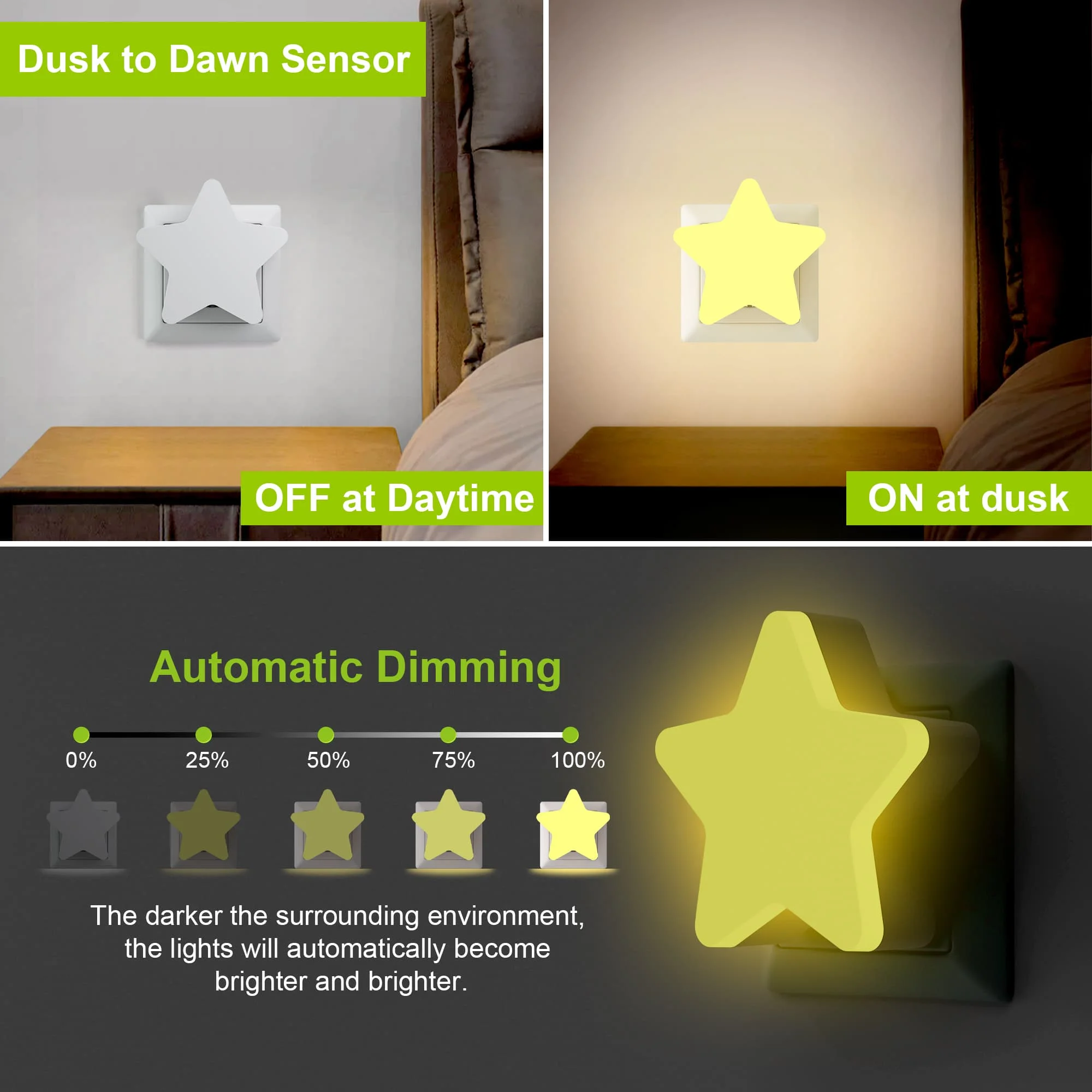 Luces nocturnas con forma de estrella, luces LED con Sensor de luz nocturna, enchufe de encendido/apagado automático para niños, dormitorio, escalera, pasillo, lámparas de noche para cabecera de cama