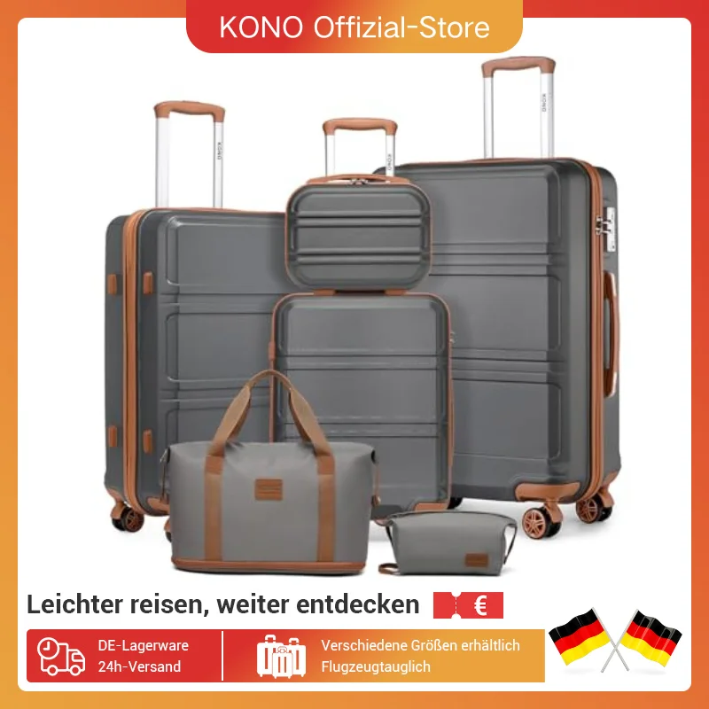 KONO 6-teiliges Kofferset mit Beautycase, Kosmetikkoffer, Handgepäck und Kulturbeutel – Reisetasche und Gepäckset