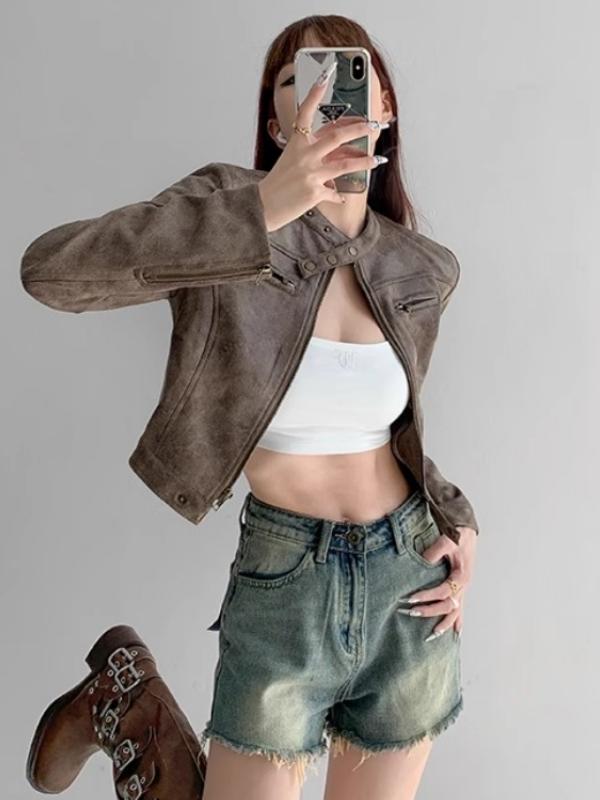 Jaqueta de Couro Curta Estilo Street com Efeito Desgastado para Mulheres, Ajuste Slim, Zíper, Gola Alta, Casaco de Motocic...