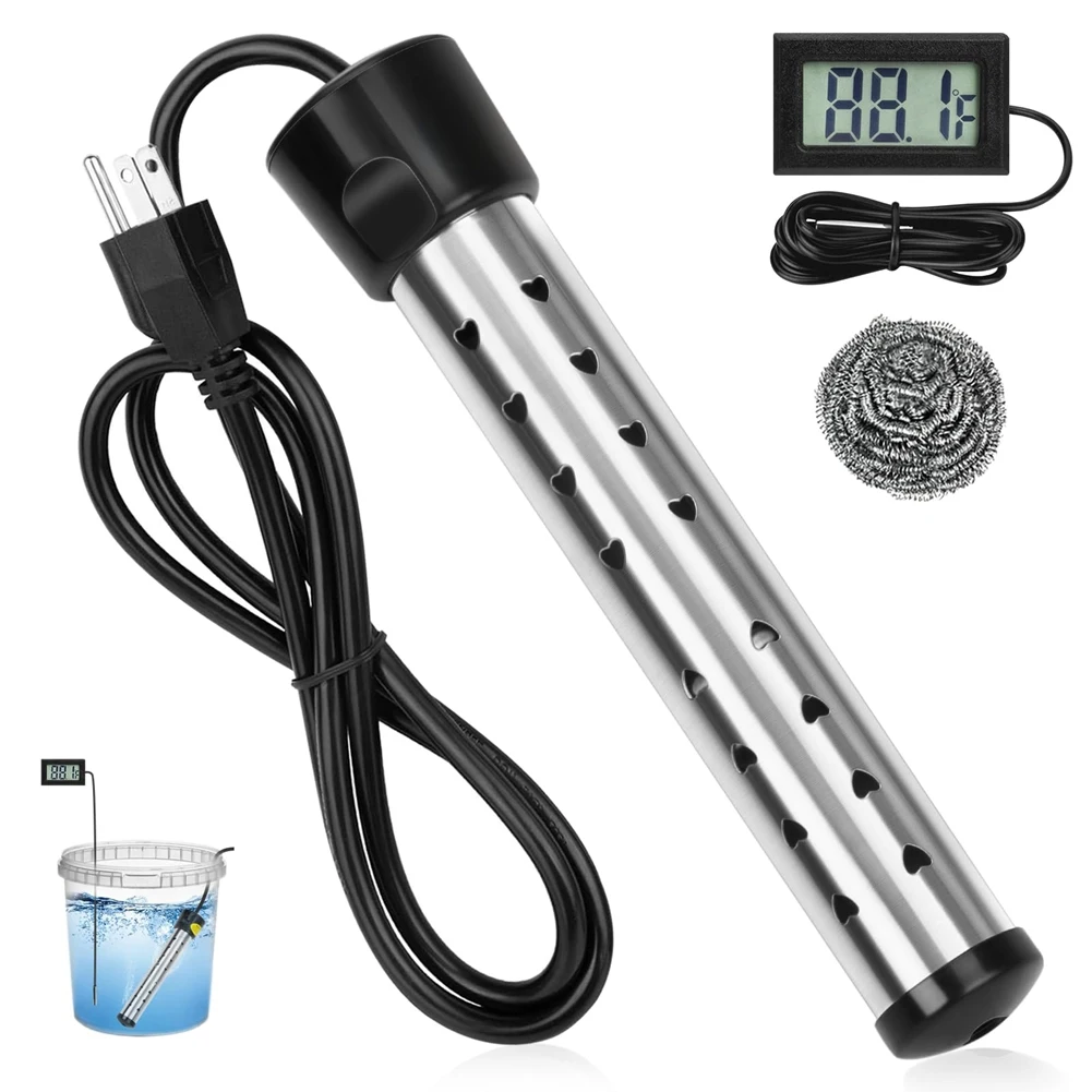 เครื่องทําน้ําอุ่นแบบจุ่ม,เครื่องทําความร้อนถังแบบพกพา 1500W พร้อมตัวป้องกันสแตนเลส 304, เครื่องทําน้ําอุ่นไฟฟ้า US Plug