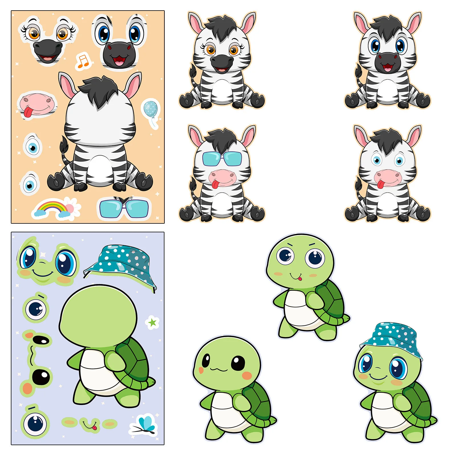 6 แผ่นน่ารักการ์ตูน DIY สติกเกอร์ปริศนาเกมสัตว์ Make A Face ตลกประกอบสติกเกอร์ตกแต่ง