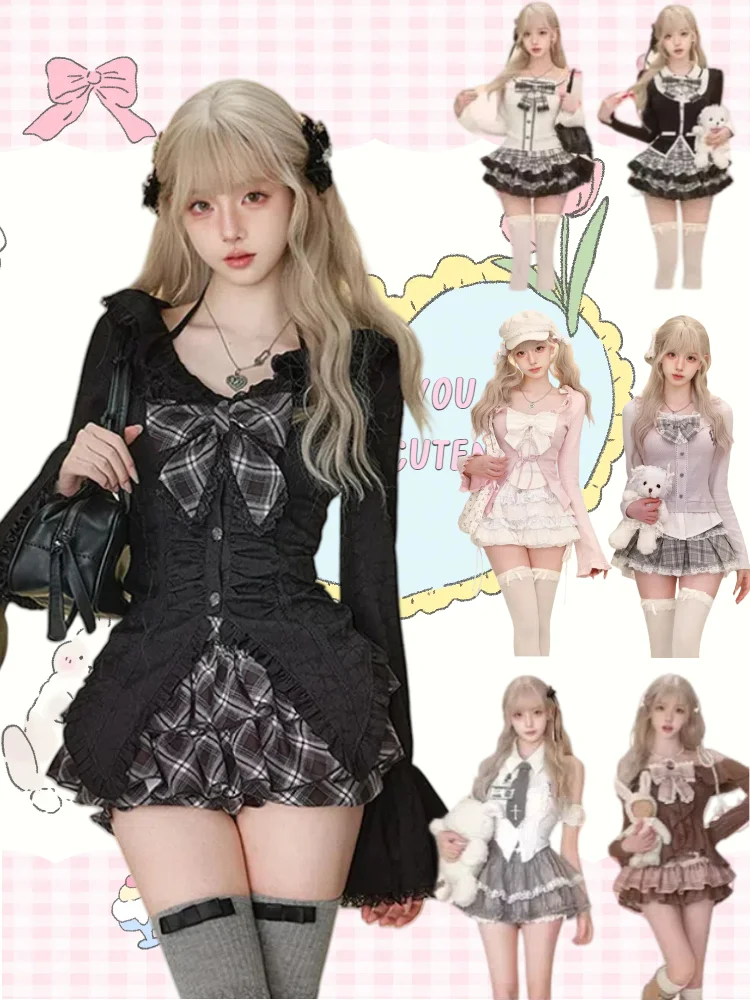 Japoński słodki styl Preppy 2-częściowy zestaw damski Kawaii Lace Patchwork Bow Tops + Y2k Plaid Mini Skirt Elegant Fashion Outifits New