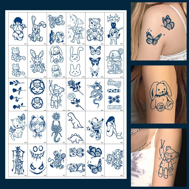 Autocollants de tatouage à base de plantes de dessin animé Semi-Permanent, 30 pièces, autocollants d'impression par transfert d'eau jetables imperméables pour femmes