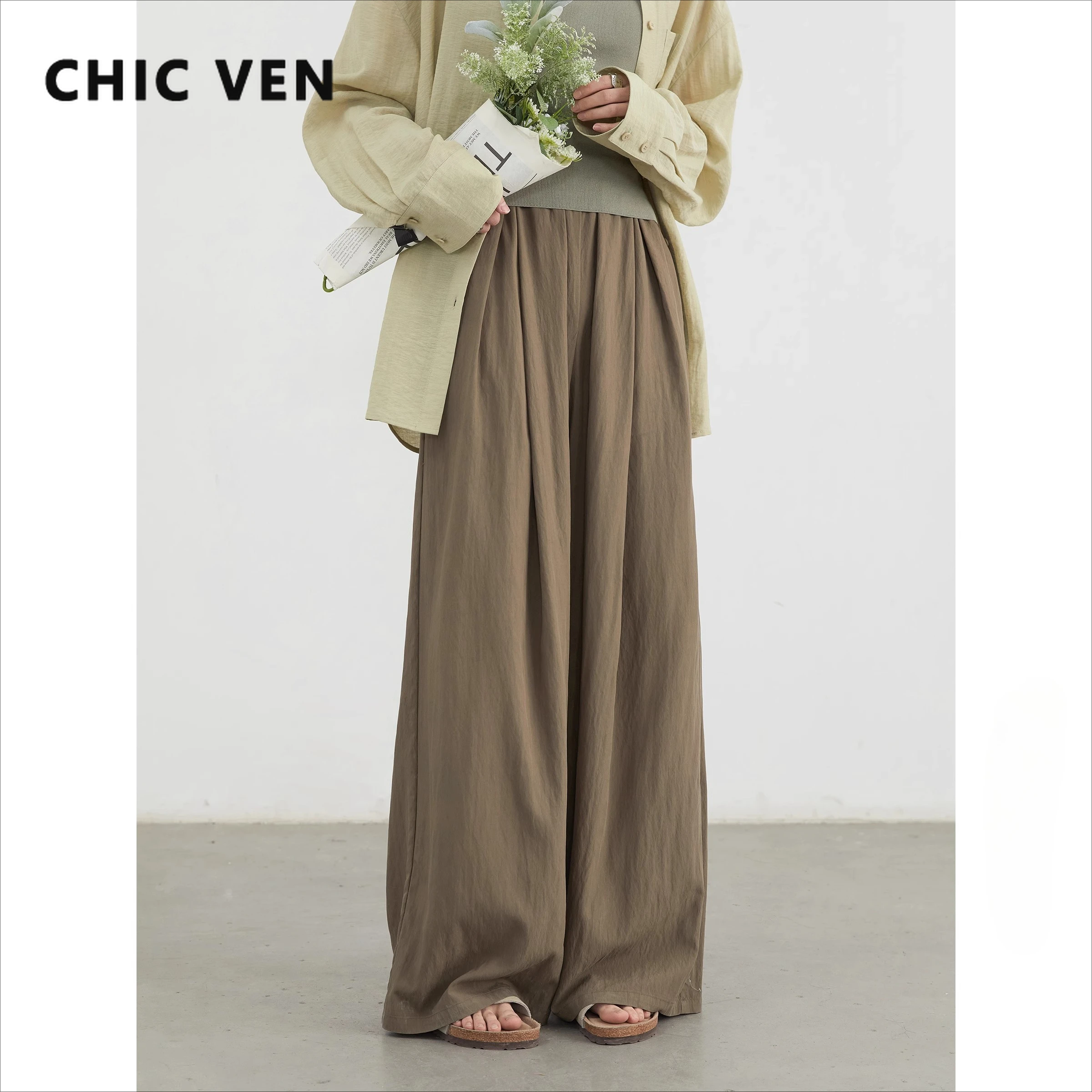 Chic ven calças femininas sólida cintura elástica solta cintura alta casual feminino calças longas perna larga primavera verão 2025
