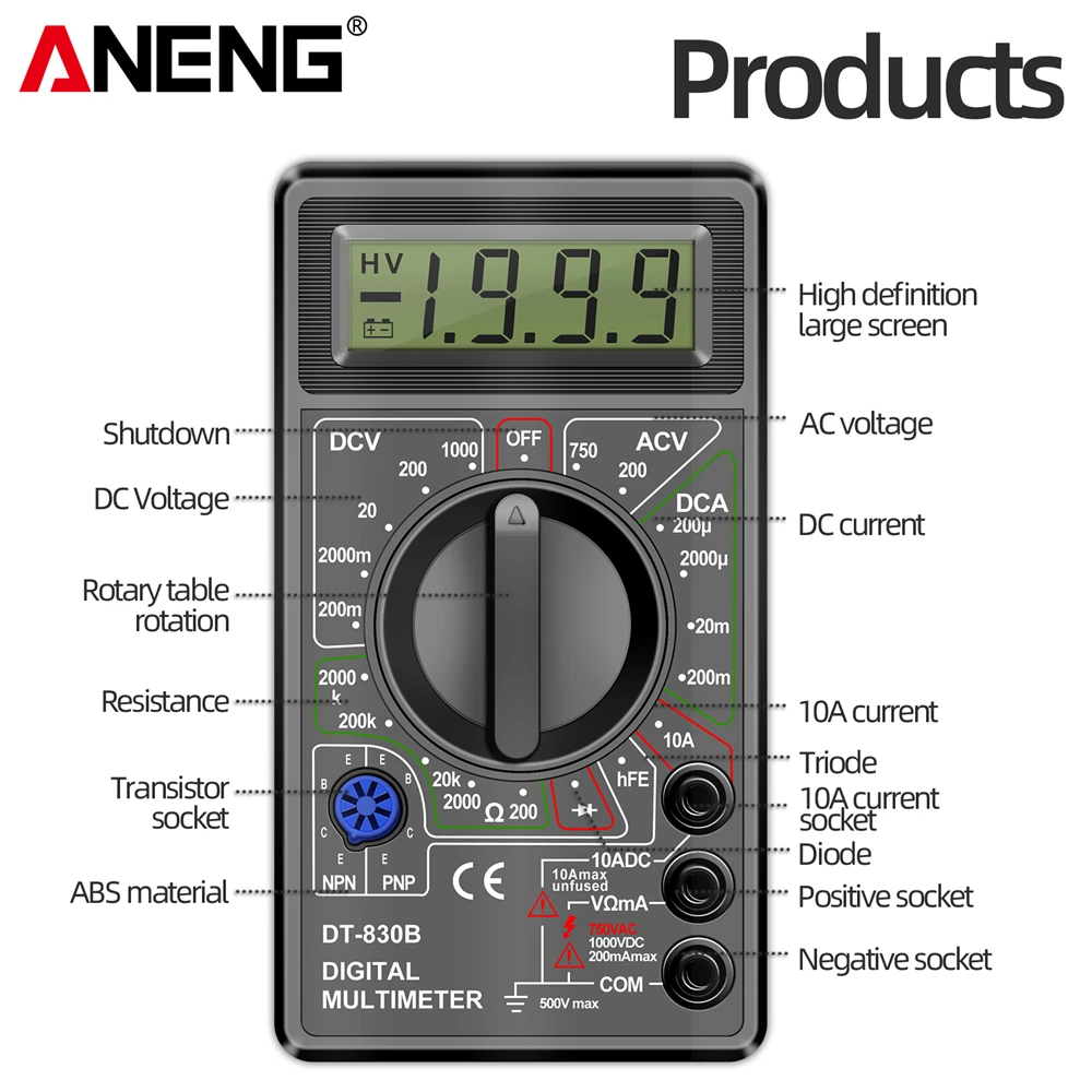 ANENG DT830B เครื่องทดสอบมัลติมิเตอร์มือถือมัลติมิเตอร์มัลติมิเตอร์แบบดิจิตอล Professional Multi Meter Multimetro Ohm Maltimeter เครื่องมือ