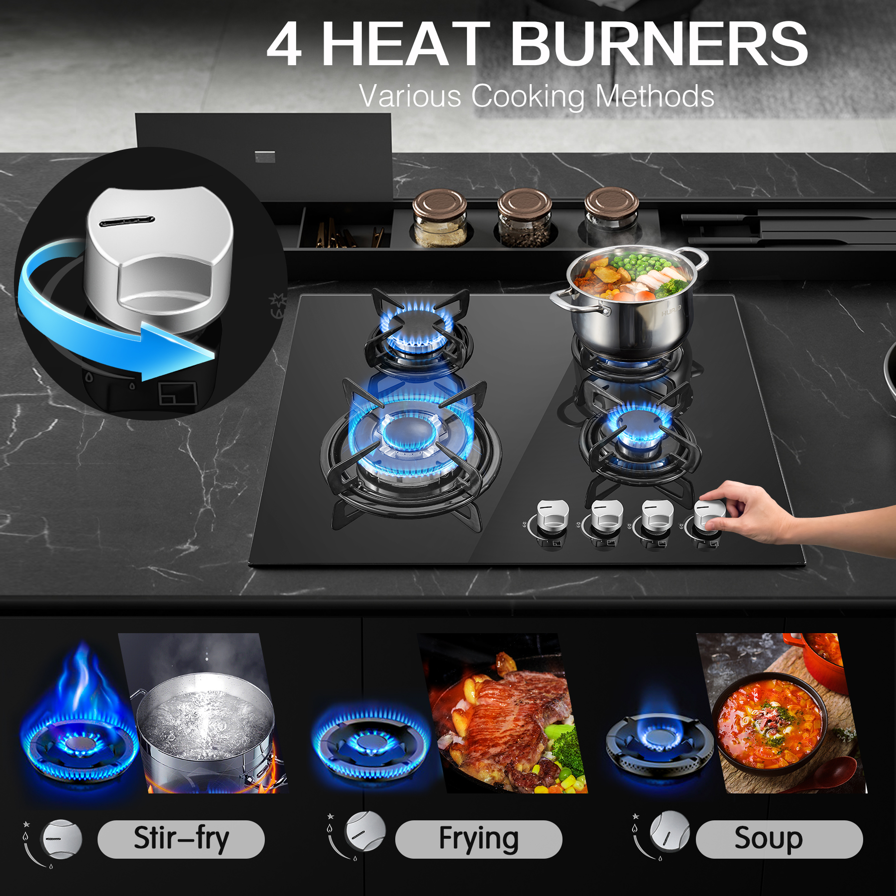 Fogão a gás embutido de 60 cm com 4 queimadores |   Termopar automático e trava de segurança |   Vidro temperado de 4 zonas 8060W com ignição automática