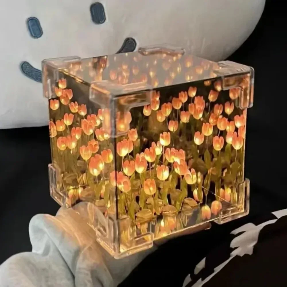 2025New 크리 에이 티브 Diy 튤립 꽃 바다 큐브 여자 친구 커플 여자 친구를위한 3 차원 작은 밤 램프 재료 패키지