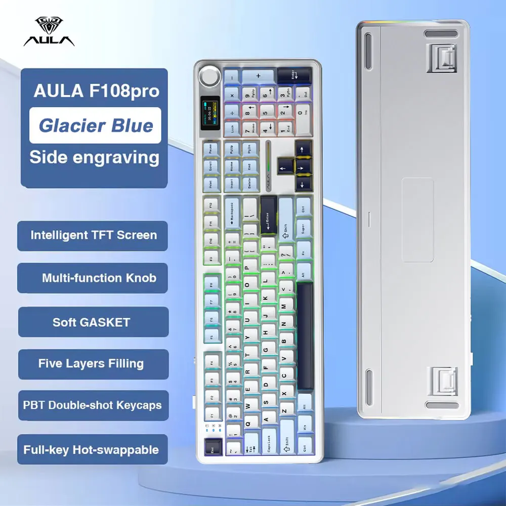 AULA F108 Pro Gaming Mechanische Tastatur Tri Mode Benutzerdefinierter Multi-Knopf-Bildschirm RGB Esports Drahtlose Tastatur mit TFT Smart Display