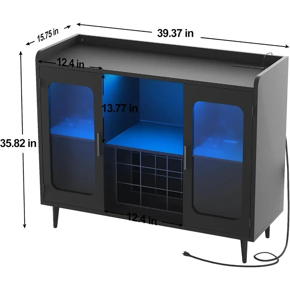 Bar Cabinet with Power Outlet, Liquor Cabinet Bar with LED Light and Glass Holder, Home Coffee Bar Cabinet, Buffet Sideboard