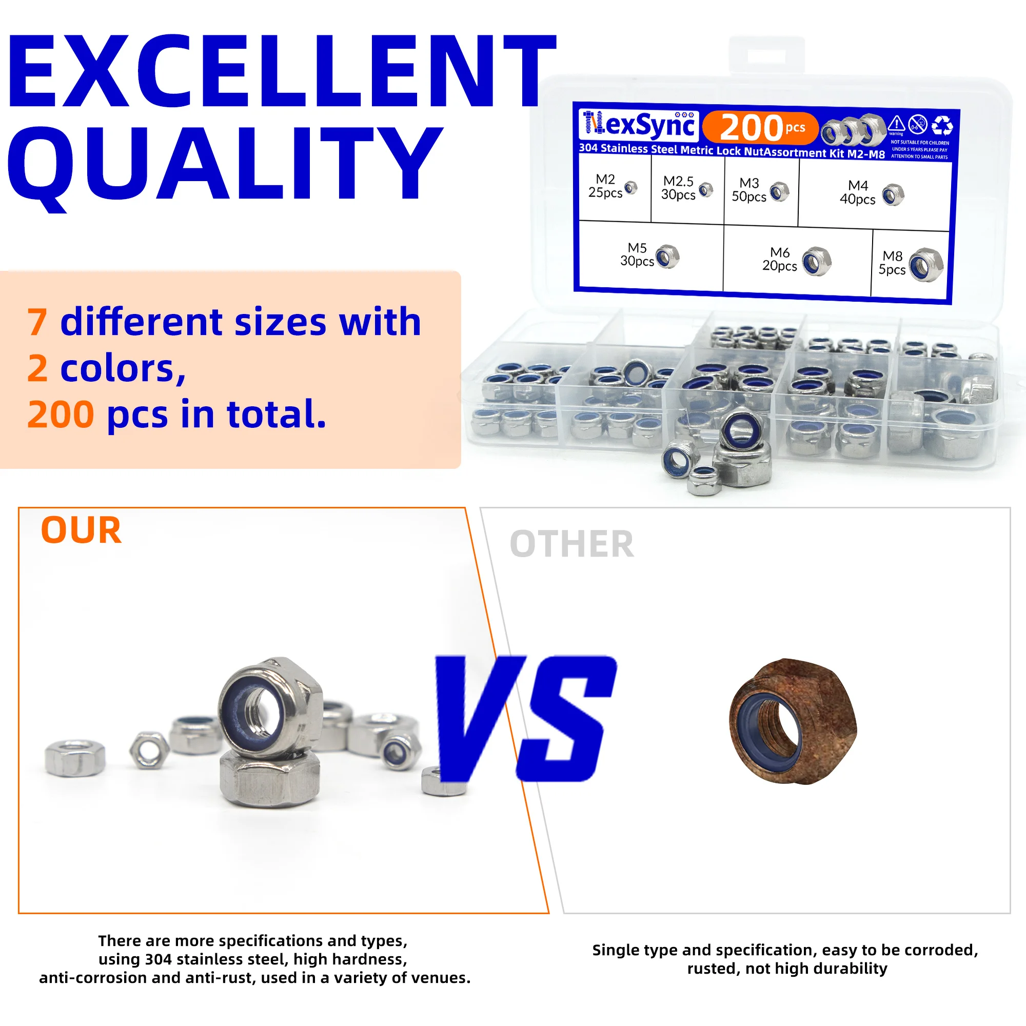 200 Uds DIN985 inserto hexagonal de nailon tuerca autoblocante Nylock juego surtido de tuercas M2 M2.5 M3 M4 M5 M6 M8 304 A2-70 acero inoxidable
