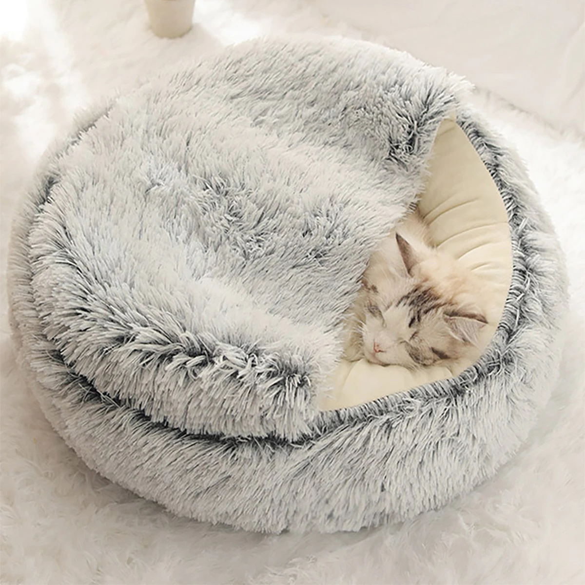Plüsch-Haustierbett mit Kapuze, rund, flauschig, weich, Katzenbett, Haustierkissen, warm, für Katzen und Hunde, 2-in-1, Schlafnest, Höhle für kleine Hunde