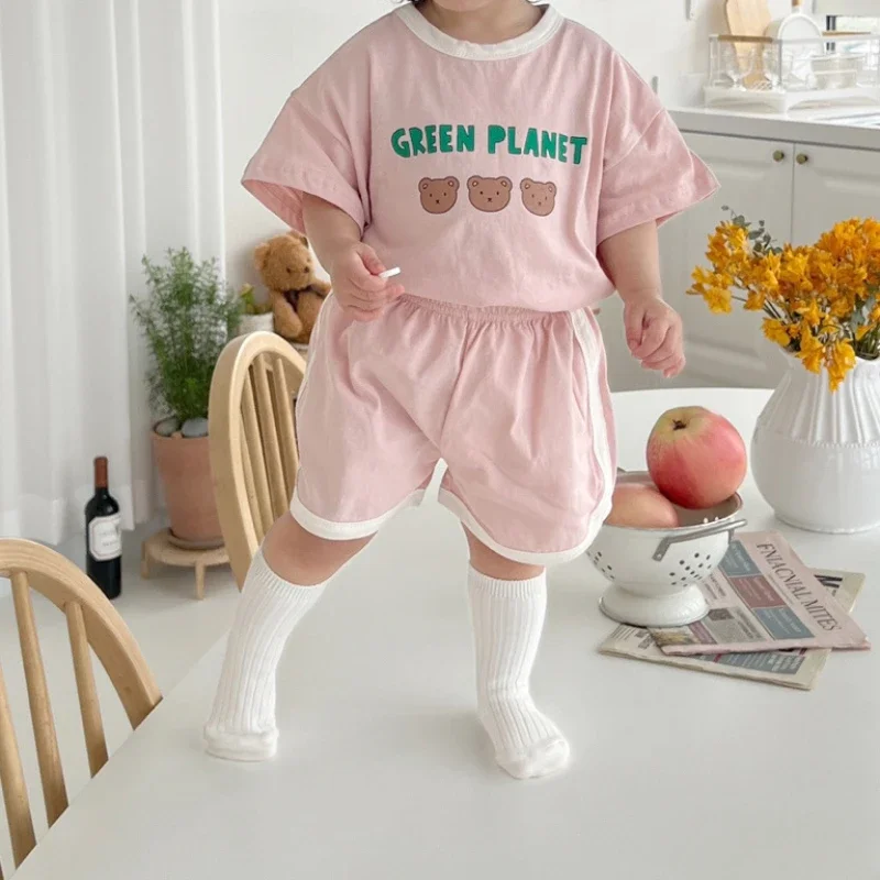 Chándales de verano para bebé, Camiseta de algodón con estampado de oso bonito + conjuntos de ropa deportiva informal corta para niño, conjunto de moda para bebés