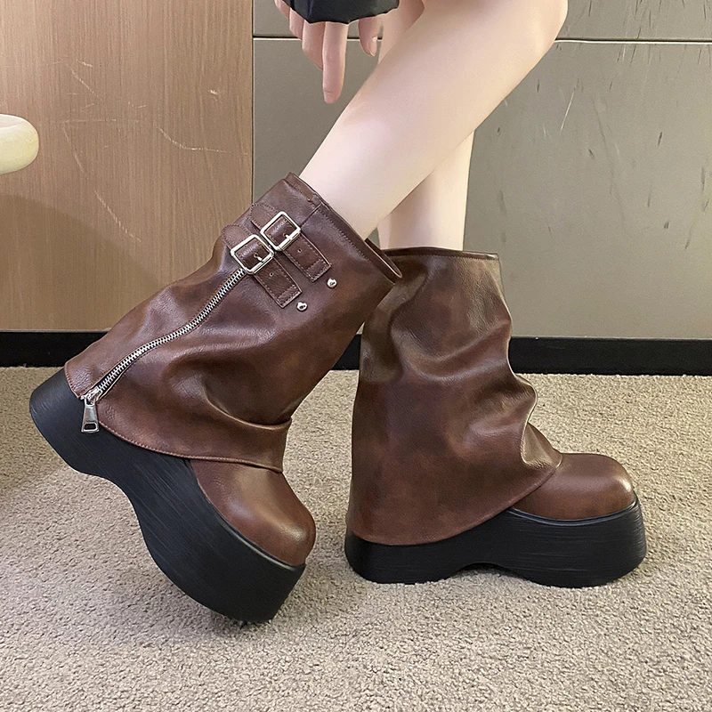 Botines de cuero suave para mujer, botas de media caña, plataforma alta, cuña, botines británicos, botas gruesas para motocicleta, 9CM, invierno, otoño