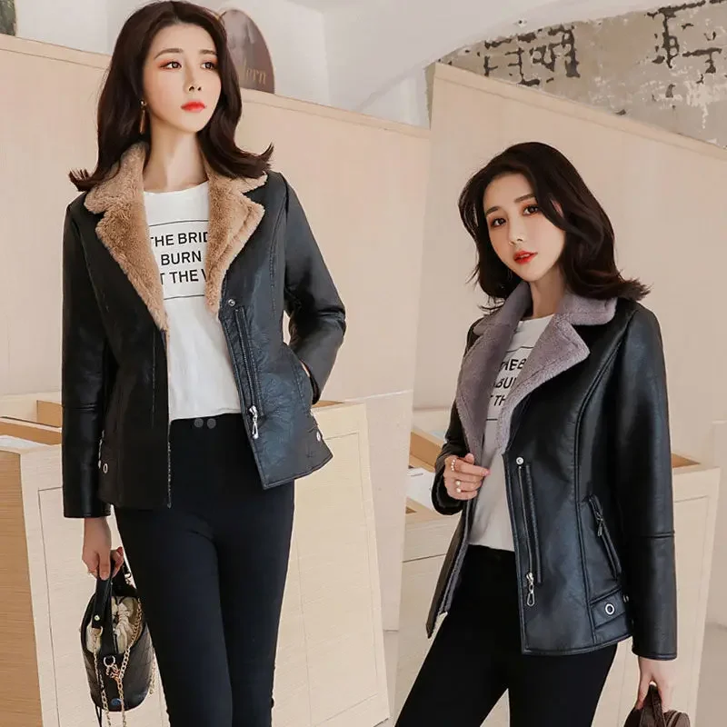 2024 neue Winter PU Leder Jacke Kurze Blazer Mantel Fleece doppelseitigen Pelz Leder Oberbekleidung Dame Dünne Klage Frauen Tops jacken