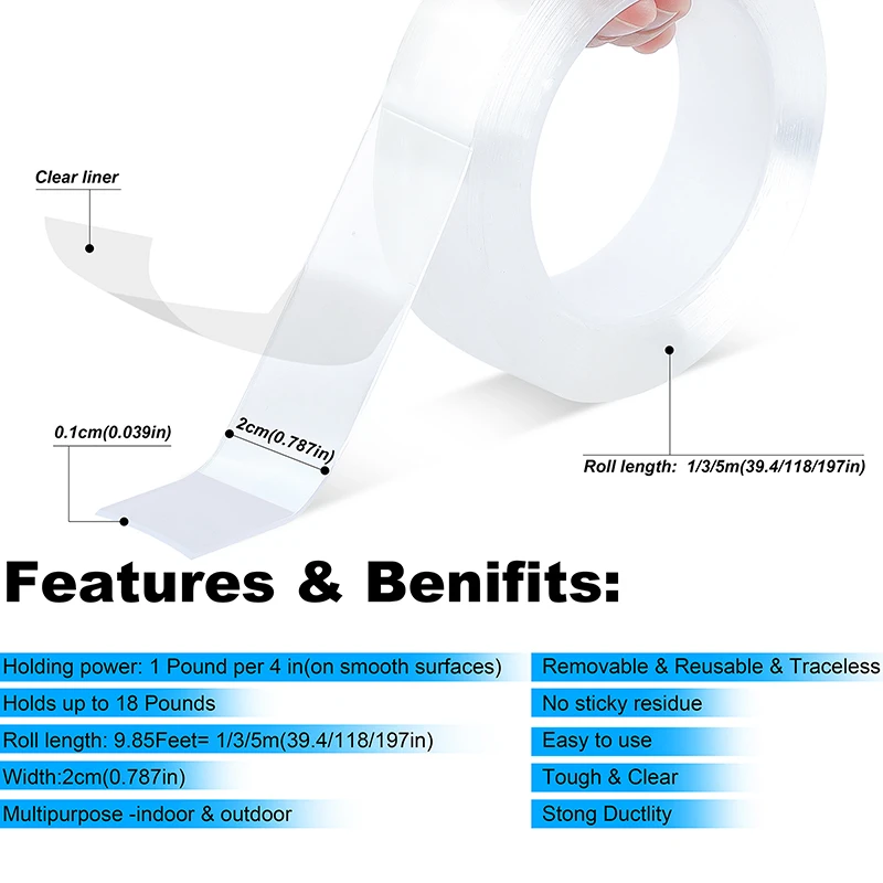 Nano cinta de doble cara de 1M/3M, cintas adhesivas transparentes, reutilizables, impermeables, limpiables, suministros para cocina y baño