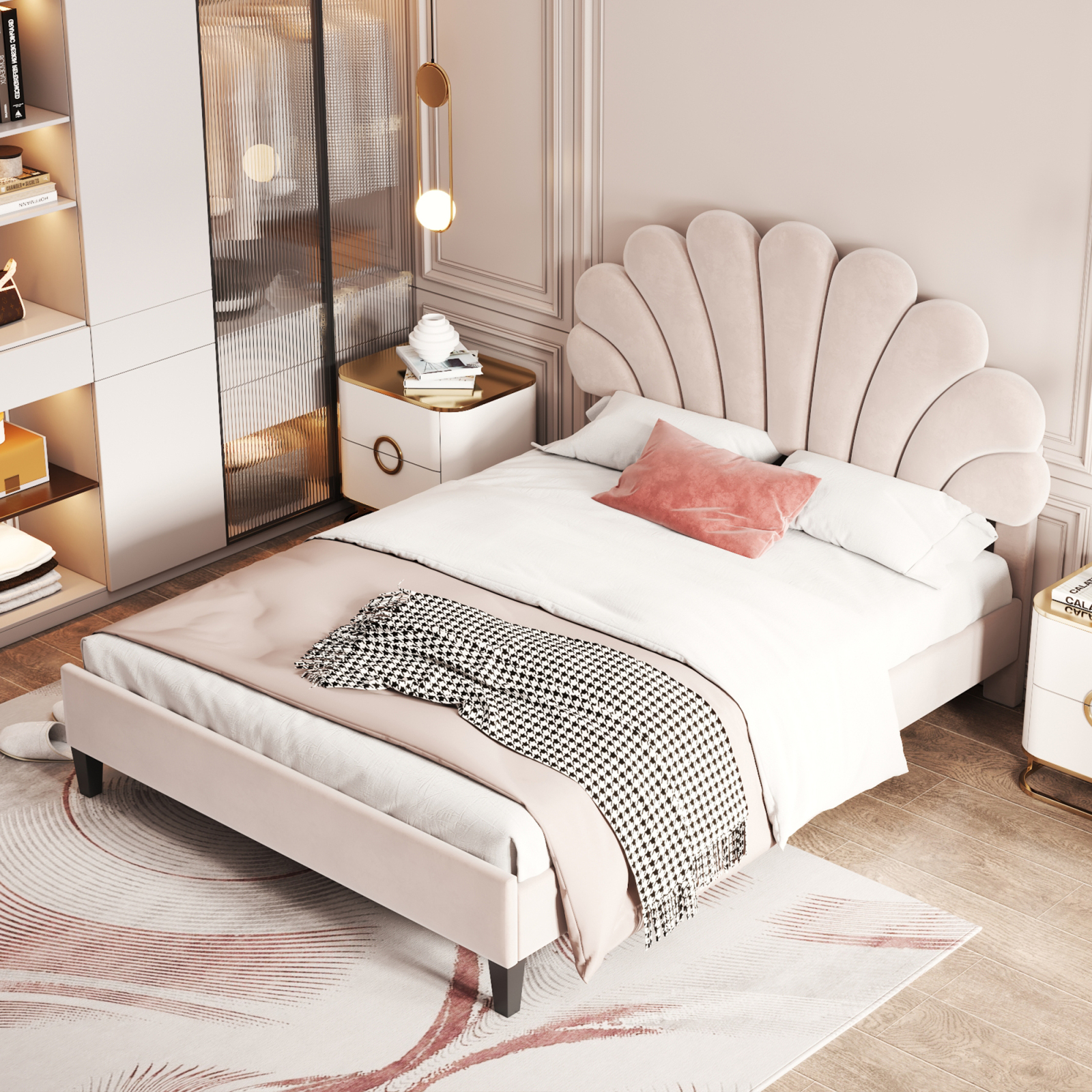 Polster bett mit blumen förmigem Kopfteil und Lattenrost Kinder bett Jugend bett Samt-140x200cm-ohne Matratzen