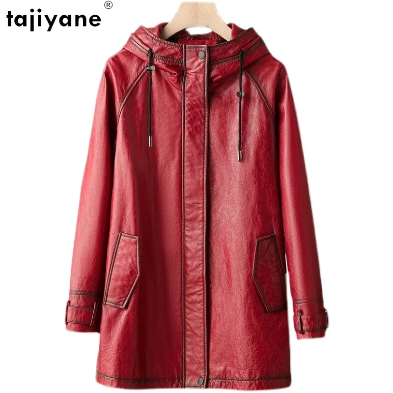 Tajiyane-jaqueta de pele de carneiro comprimento médio para mulheres, couro 100% real, moda vintage, outono e inverno